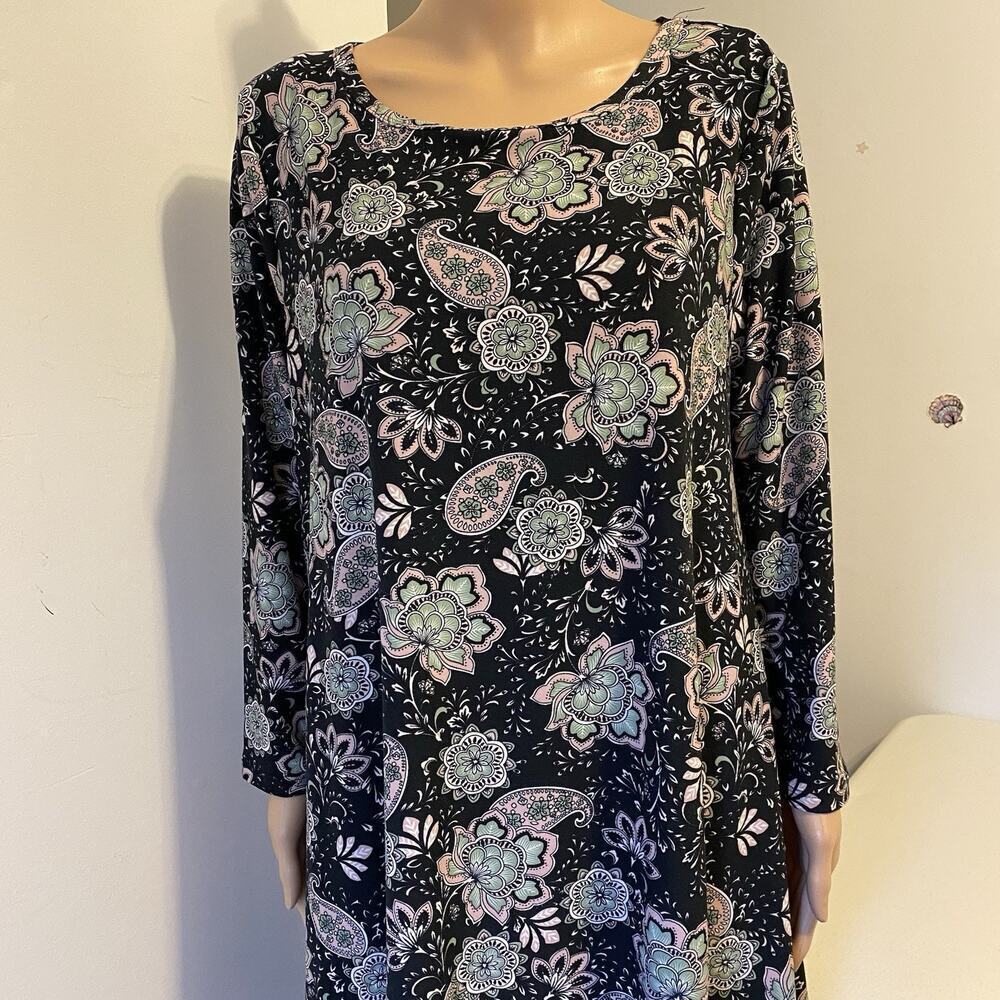 Women Shift Tunic Midi Dress 2X Black Paisley Whimsical Stretch Pullover Comfort - Picture 5 of 9
